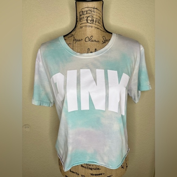 Victoria’s Secret PINK Cropped Light Blue, Lavender & White Tie Dye Shirt Sz M - Picture 1 of 10